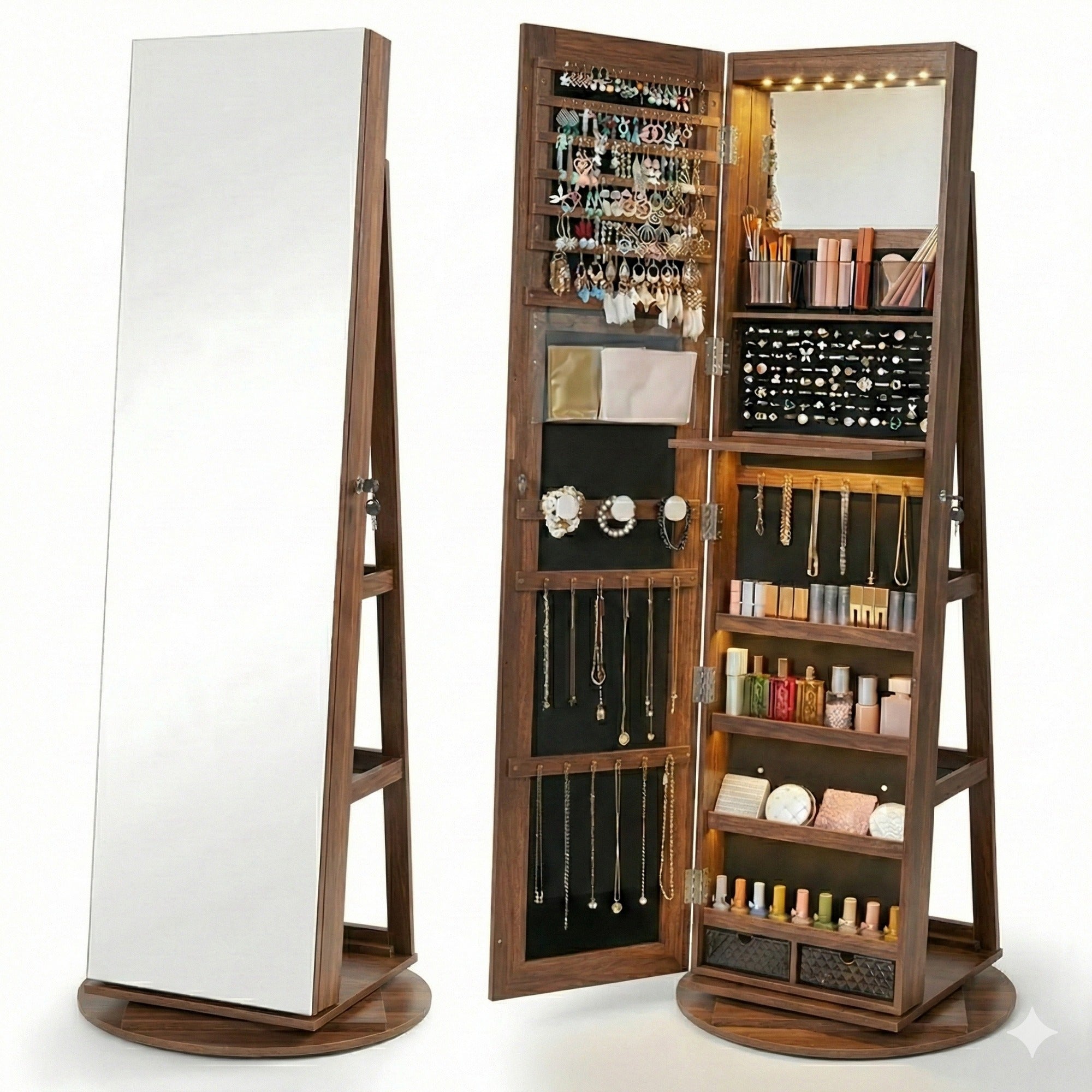 LumiBijou™ Espelho Porta-Joias Giratório com Luz LED