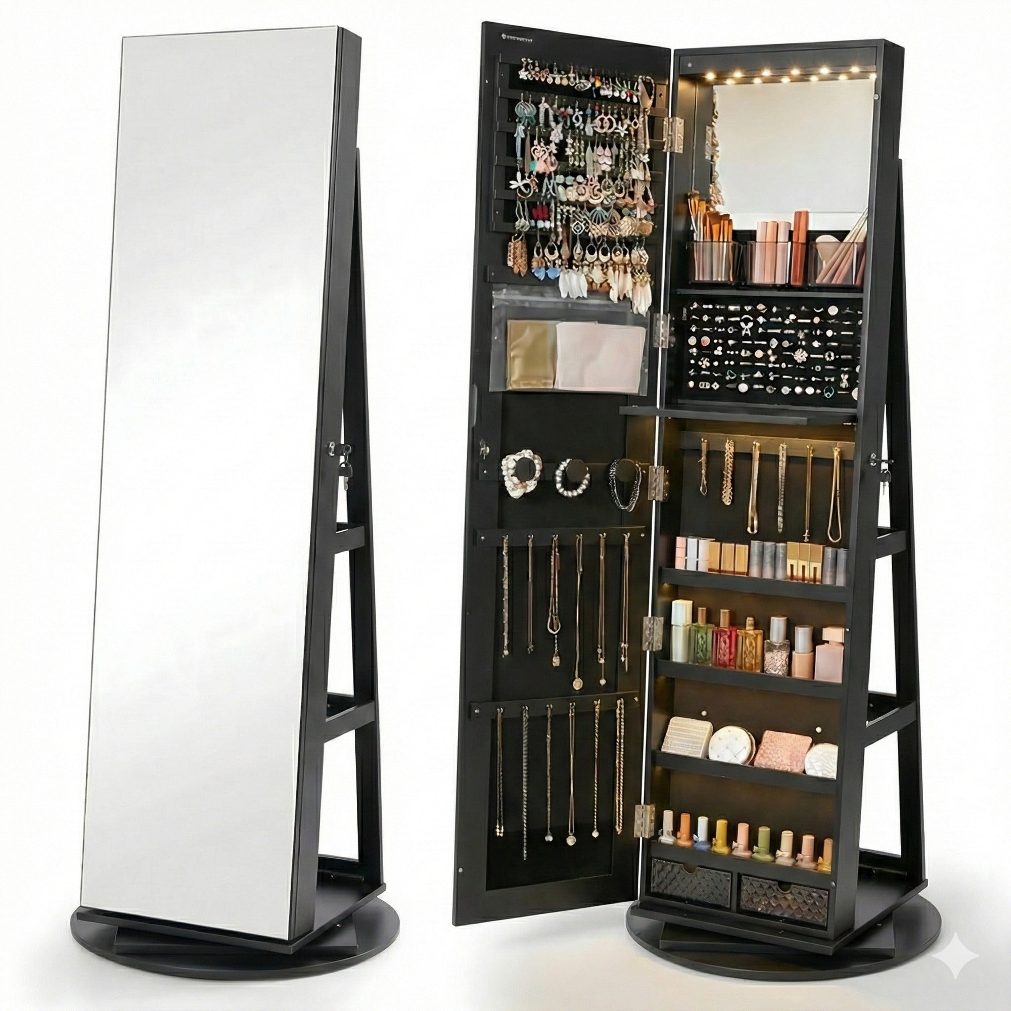 LumiBijou™ Espelho Porta-Joias Giratório com Luz LED